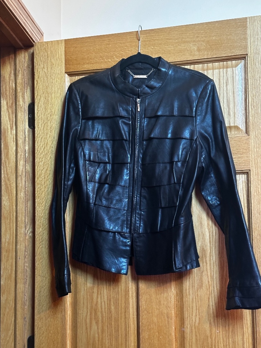 Black 100% Leather Jacket with Peplum hem